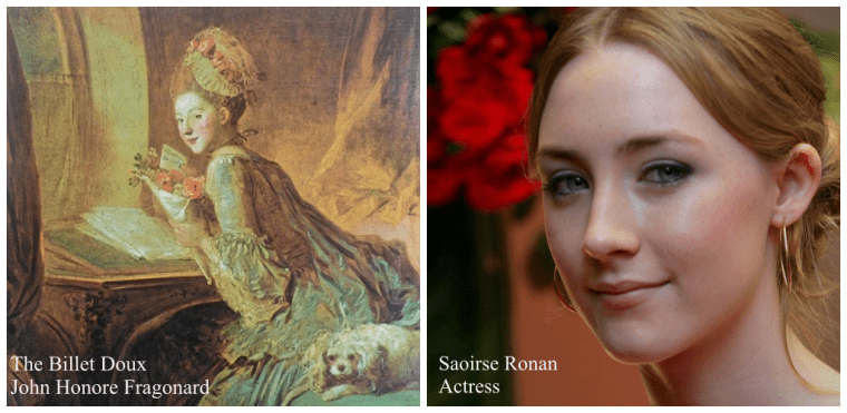 Actress Saoirse Ronan and John Honore Fragonard's The Billet Doux (meaning the love letter) painted in the 1770's