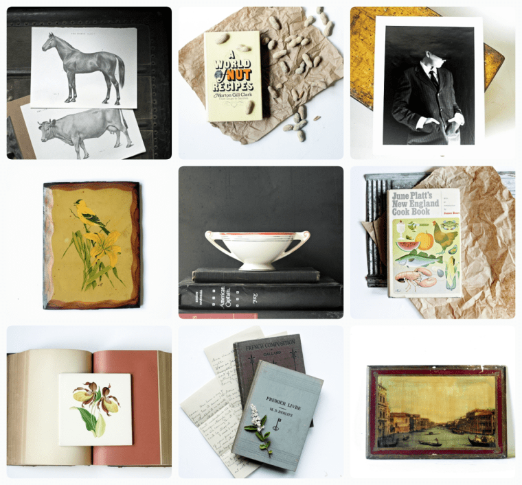 Clockwise from top left: Vintage 1960s Casserole Cookbook, Vintage 1960s Nut Recipes Cookbook, Vintage Art House Photograph Portrait, Vintage !970's New England Cookbook, Vintage Italian Florentine Landscape Paintings, Two 1920s French Language Books, Handpainted Floral Tile